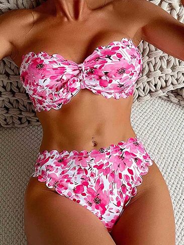 Women's Two Piece Strapless Tube Top Mid Waist Bottom Bikini Set Sexy Bathing Swimsuits in Saudi Arabia