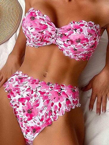 Women's Two Piece Strapless Tube Top Mid Waist Bottom Bikini Set Sexy Bathing Swimsuits in Saudi Arabia