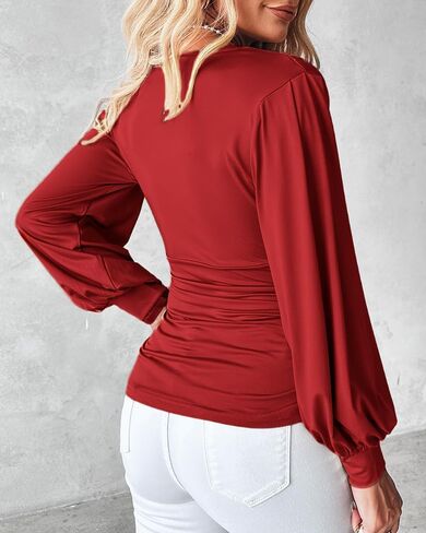 Womens V Neck Lantern Sleeve Shirt Ruched Waist Long Sleeve Blouse Solid Color Casual Classic Stylish Basic Everyday Top in Saudi Arabia