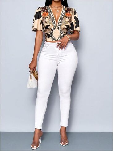 WDIRARA Women's Boho Printed Deep V Neck Short Sleeve Blouse Shirt Summer Casual Crop Tops in Saudi Arabia