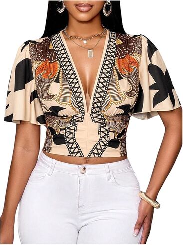 WDIRARA Women's Boho Printed Deep V Neck Short Sleeve Blouse Shirt Summer Casual Crop Tops in Saudi Arabia