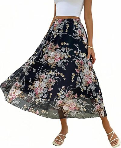 Floral Midi Skirt, High Waist A-Line, Navy Blue with Pink Flowers, Elastic Waistband in Saudi Arabia