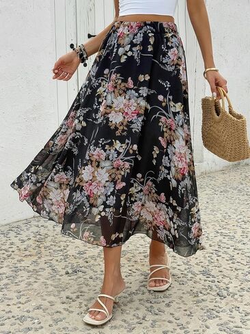 Floral Midi Skirt, High Waist A-Line, Navy Blue with Pink Flowers, Elastic Waistband in Saudi Arabia