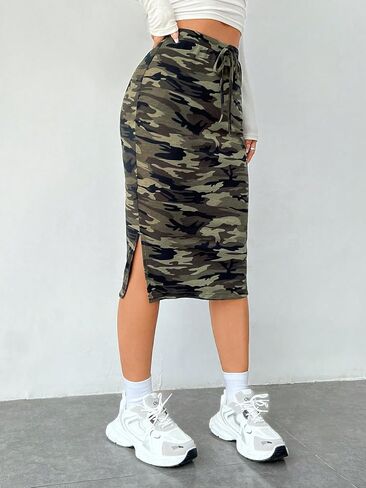 WDIRARA Women's Camo Print High Waist Skinny Midi Skirts Split Side Drawstring Waist Hip Skirt in Saudi Arabia
