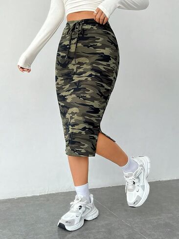 WDIRARA Women's Camo Print High Waist Skinny Midi Skirts Split Side Drawstring Waist Hip Skirt in Saudi Arabia