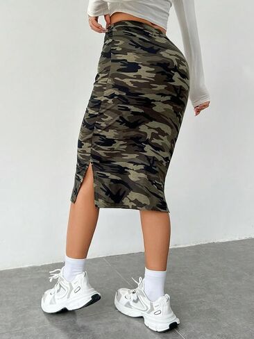 WDIRARA Women's Camo Print High Waist Skinny Midi Skirts Split Side Drawstring Waist Hip Skirt in Saudi Arabia