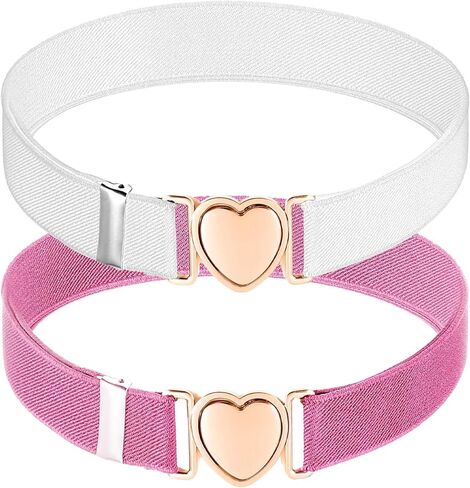 2Pcs Girls Belt, Elastic Adjustable Stretch Pink and White Waist Belts with Heart Buckle for Kids Teen Girls Women Pants Jeans Dress in Saudi Arabia