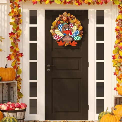 Whaline Thanksgiving Wreath for Front Door Thanksgiving Turkey Wooden Door Sign Turkey Hanging Door Decor Fall Welcome Sign for Thanksgiving Autumn Harvest Indoor Outdoor Home Porch Wall Decor in Saudi Arabia