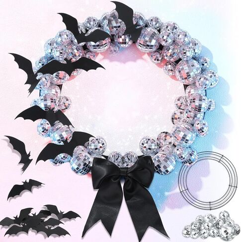12 Inch Halloween DIY Wreath for Front Door DIY Disco Ball Wreath with Black Bats Ribbons Disco Party Hanging Wreaths Decoration for Spooky Indoor Outdoor Halloween Holiday Home Wall Window Decor in Saudi Arabia