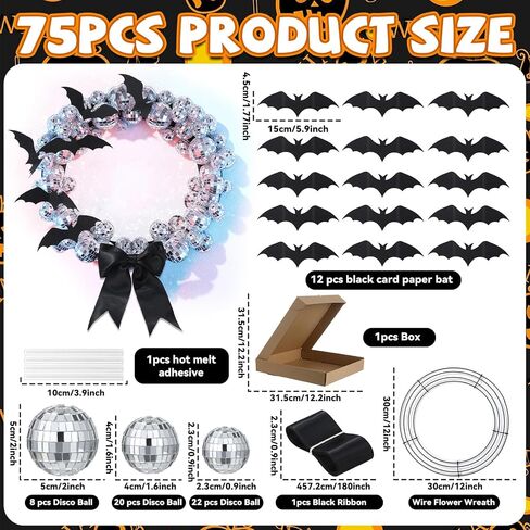 12 Inch Halloween DIY Wreath for Front Door DIY Disco Ball Wreath with Black Bats Ribbons Disco Party Hanging Wreaths Decoration for Spooky Indoor Outdoor Halloween Holiday Home Wall Window Decor in Saudi Arabia