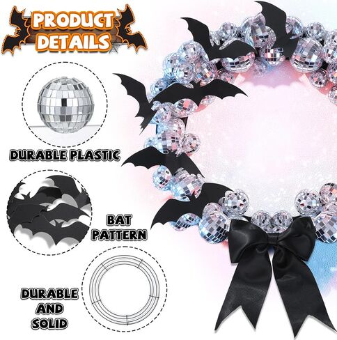 12 Inch Halloween DIY Wreath for Front Door DIY Disco Ball Wreath with Black Bats Ribbons Disco Party Hanging Wreaths Decoration for Spooky Indoor Outdoor Halloween Holiday Home Wall Window Decor in Saudi Arabia