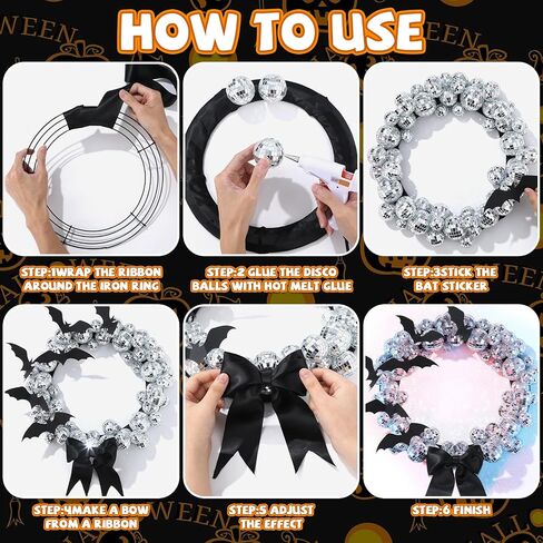 12 Inch Halloween DIY Wreath for Front Door DIY Disco Ball Wreath with Black Bats Ribbons Disco Party Hanging Wreaths Decoration for Spooky Indoor Outdoor Halloween Holiday Home Wall Window Decor in Saudi Arabia