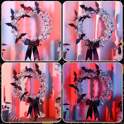 12 Inch Halloween DIY Wreath for Front Door DIY Disco Ball Wreath with Black Bats Ribbons Disco Party Hanging Wreaths Decoration for Spooky Indoor Outdoor Halloween Holiday Home Wall Window Decor in Saudi Arabia