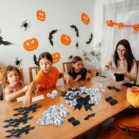 12 Inch Halloween DIY Wreath for Front Door DIY Disco Ball Wreath with Black Bats Ribbons Disco Party Hanging Wreaths Decoration for Spooky Indoor Outdoor Halloween Holiday Home Wall Window Decor in Saudi Arabia