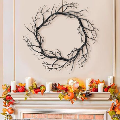 Black Twig Halloween Wreath, 16.5 Inch Scary Twig Decor for Front Door, Unique Artificial Spooky Branch Garland for Halloween Home Front Door Decor in Saudi Arabia