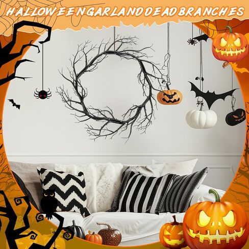Black Twig Halloween Wreath, 16.5 Inch Scary Twig Decor for Front Door, Unique Artificial Spooky Branch Garland for Halloween Home Front Door Decor in Saudi Arabia