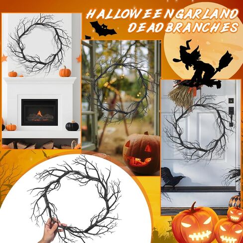 Black Twig Halloween Wreath, 16.5 Inch Scary Twig Decor for Front Door, Unique Artificial Spooky Branch Garland for Halloween Home Front Door Decor in Saudi Arabia