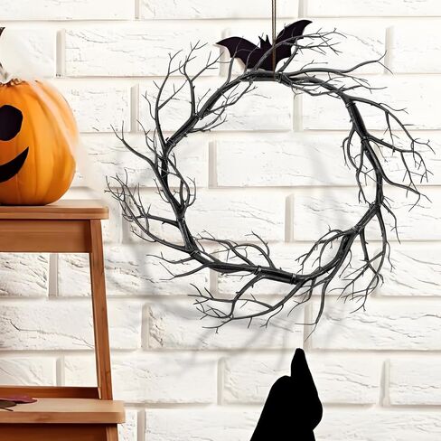 Black Twig Halloween Wreath, 16.5 Inch Scary Twig Decor for Front Door, Unique Artificial Spooky Branch Garland for Halloween Home Front Door Decor in Saudi Arabia