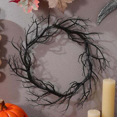 Black Twig Halloween Wreath, 16.5 Inch Scary Twig Decor for Front Door, Unique Artificial Spooky Branch Garland for Halloween Home Front Door Decor in Saudi Arabia