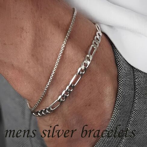 Silver Bracelets for Men Stainless Steel Cuban Link Wheat Chain Figaro Snake Italian Box Chain Twisted Rope Bracelets Trendy Mens Jewelry Gifts in Saudi Arabia