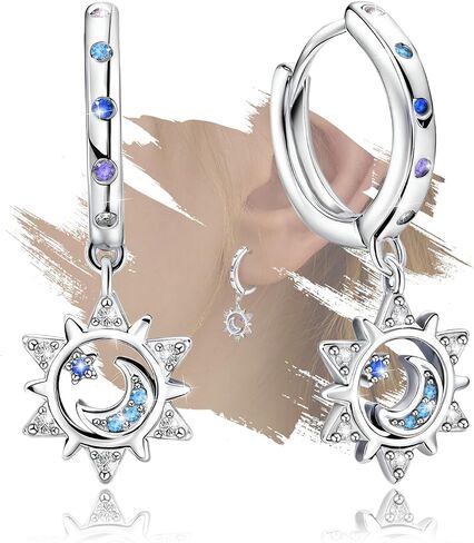 Moon Star Earrings for Women Sterling Silver Star Shaped Earrings Trendy Hypoallergenic Cubic Zirconia Star Moon Hoop Earrings with Dangle Fashion Loop Earrings Gifts for Christmas Birthday in Saudi Arabia