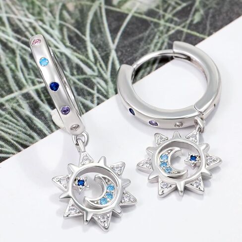 Moon Star Earrings for Women Sterling Silver Star Shaped Earrings Trendy Hypoallergenic Cubic Zirconia Star Moon Hoop Earrings with Dangle Fashion Loop Earrings Gifts for Christmas Birthday in Saudi Arabia