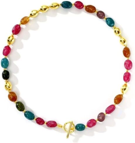 Beaded Necklace for Women, Colorful Gemstone Choker, 14K Gold Plated Stackable Handmade Necklace Oval Stone Jewelry Gift in Kuwait