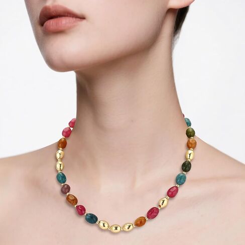 Beaded Necklace for Women, Colorful Gemstone Choker, 14K Gold Plated Stackable Handmade Necklace Oval Stone Jewelry Gift in Kuwait