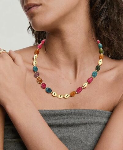 Beaded Necklace for Women, Colorful Gemstone Choker, 14K Gold Plated Stackable Handmade Necklace Oval Stone Jewelry Gift in Kuwait