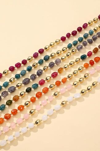Beaded Necklace for Women, Colorful Gemstone Choker, 14K Gold Plated Stackable Handmade Necklace Oval Stone Jewelry Gift in Kuwait