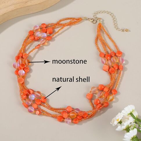 Colorful Natural or Synthetic Gemstone Choker Necklace for Women, Statement Sea Shell Crystal Beaded Multi-Strand Collar Necklace, Moonstone Jewelry Gift for Her in Saudi Arabia