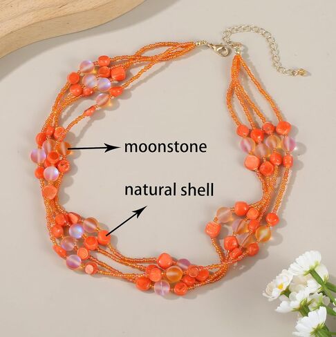 Colorful Natural or Synthetic Gemstone Choker Necklace for Women, Statement Sea Shell Crystal Beaded Multi-Strand Collar Necklace, Moonstone Jewelry Gift for Her in Saudi Arabia