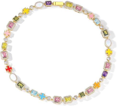 Rainbow Zircon Necklace 18K Gold Plated, Unisex Colorful Choker with Cross Charms & Opal Inlay, Statement Gift Jewelry for Men Women in Kuwait
