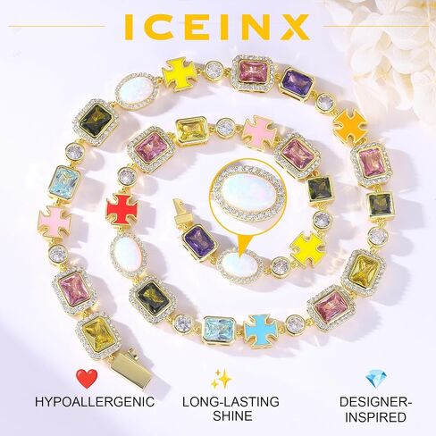 Rainbow Zircon Necklace 18K Gold Plated, Unisex Colorful Choker with Cross Charms & Opal Inlay, Statement Gift Jewelry for Men Women in Kuwait