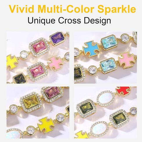 Rainbow Zircon Necklace 18K Gold Plated, Unisex Colorful Choker with Cross Charms & Opal Inlay, Statement Gift Jewelry for Men Women in Kuwait