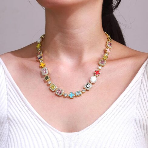 Rainbow Zircon Necklace 18K Gold Plated, Unisex Colorful Choker with Cross Charms & Opal Inlay, Statement Gift Jewelry for Men Women in Kuwait