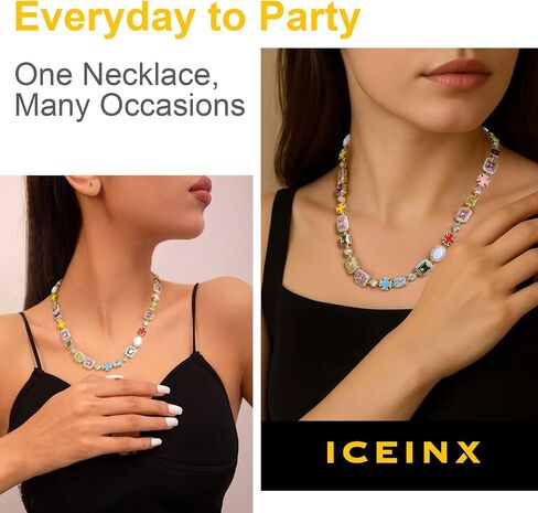 Rainbow Zircon Necklace 18K Gold Plated, Unisex Colorful Choker with Cross Charms & Opal Inlay, Statement Gift Jewelry for Men Women in Kuwait