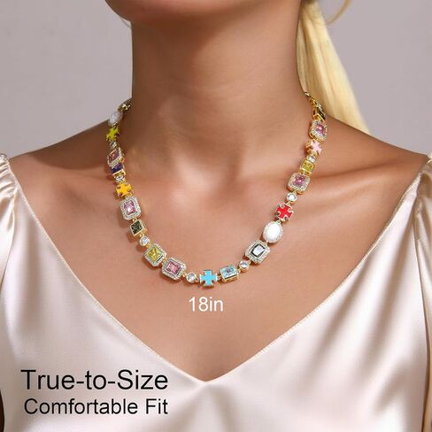 Rainbow Zircon Necklace 18K Gold Plated, Unisex Colorful Choker with Cross Charms & Opal Inlay, Statement Gift Jewelry for Men Women in Kuwait