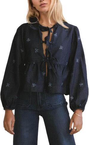 Kedera Women Denim Jean Shirt Bow Print Blouse Casual Crewneck Long Puff Sleeves Tie Front Cropped Tops Shirt in Saudi Arabia