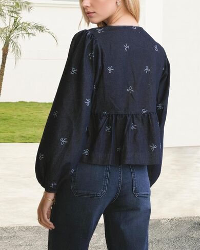 Kedera Women Denim Jean Shirt Bow Print Blouse Casual Crewneck Long Puff Sleeves Tie Front Cropped Tops Shirt in Saudi Arabia