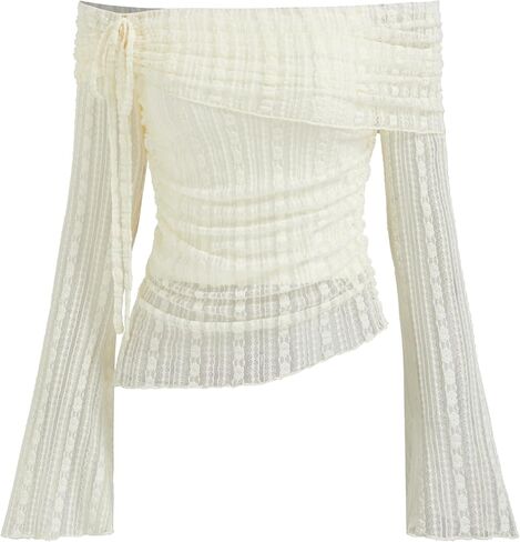 CIDER Women Off Shoulder Tops Long Sleeve Lace Shirts Asymmetrical Hem Drawstring Party Clubbing Slim Blouse in Saudi Arabia