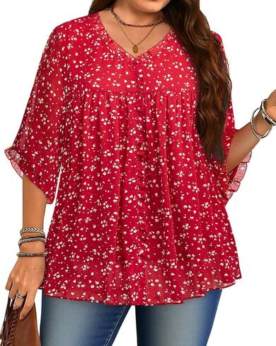 Siddhe Plus Size Tops 3/4 Sleeve V Neck Chiffon Blouses Loose Fit Spring Fall Dressy Casual 2025 Tunic for Leggings(XL-5XL) in Kuwait