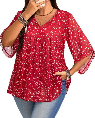 Siddhe Plus Size Tops 3/4 Sleeve V Neck Chiffon Blouses Loose Fit Spring Fall Dressy Casual 2025 Tunic for Leggings(XL-5XL) in Kuwait