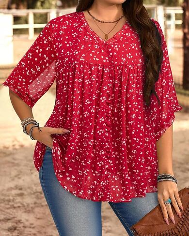 Siddhe Plus Size Tops 3/4 Sleeve V Neck Chiffon Blouses Loose Fit Spring Fall Dressy Casual 2025 Tunic for Leggings(XL-5XL) in Kuwait