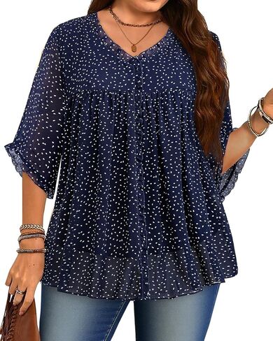 Siddhe Plus Size Tops 3/4 Sleeve V Neck Chiffon Blouses Loose Fit Spring Fall Dressy Casual 2025 Tunic for Leggings(XL-5XL) in Kuwait