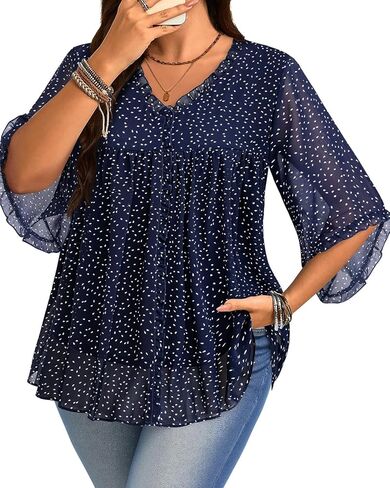 Siddhe Plus Size Tops 3/4 Sleeve V Neck Chiffon Blouses Loose Fit Spring Fall Dressy Casual 2025 Tunic for Leggings(XL-5XL) in Kuwait