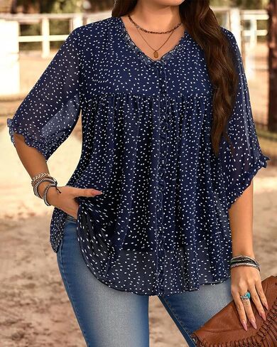 Siddhe Plus Size Tops 3/4 Sleeve V Neck Chiffon Blouses Loose Fit Spring Fall Dressy Casual 2025 Tunic for Leggings(XL-5XL) in Kuwait