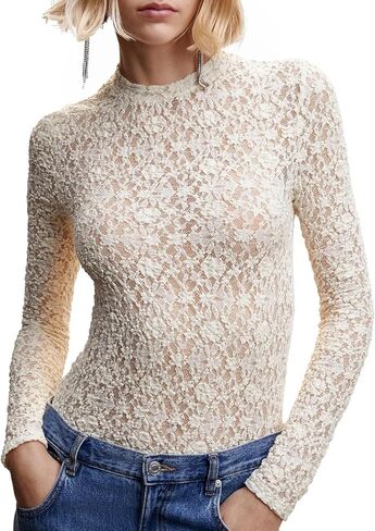 Sheer Mesh Long Sleeve Layering Tops for Women Crew Neck Floral Lace Blouse Sexy See Through Going Out Shirts in Kuwait