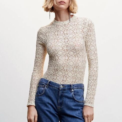 Sheer Mesh Long Sleeve Layering Tops for Women Crew Neck Floral Lace Blouse Sexy See Through Going Out Shirts in Kuwait