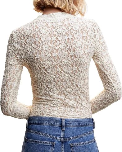 Sheer Mesh Long Sleeve Layering Tops for Women Crew Neck Floral Lace Blouse Sexy See Through Going Out Shirts in Kuwait